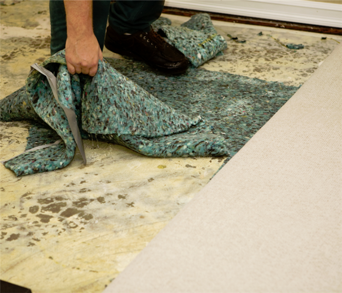 a technician pulling up a water damaged carpet
