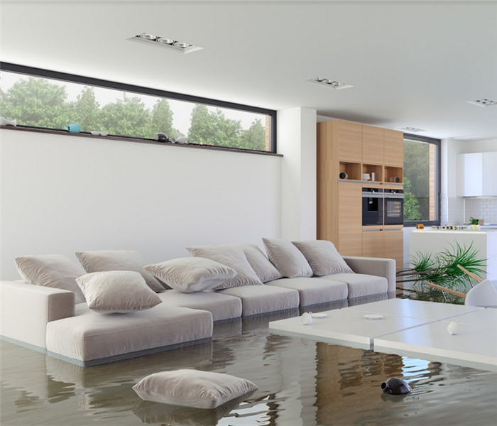 a flooded living room with water everywhere